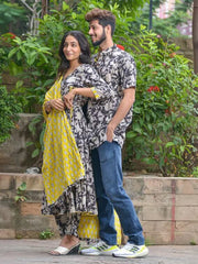 Cotton Noir Vine Angrakha Couple Set Combo