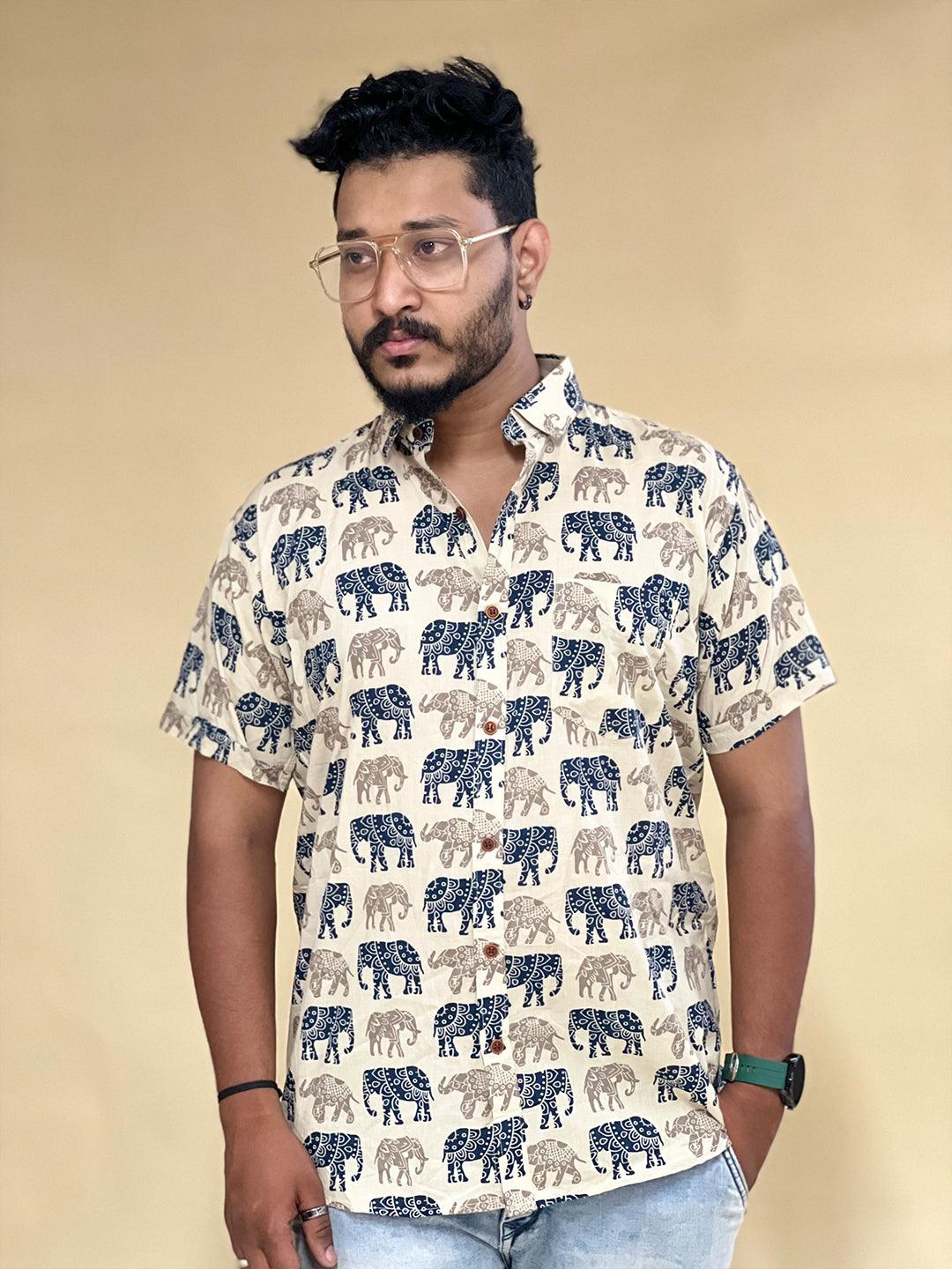 Mens blue elephant print regular shirt - CHST3915 - moher.in