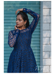 Womens Blue & Black Netted Fabric Dress