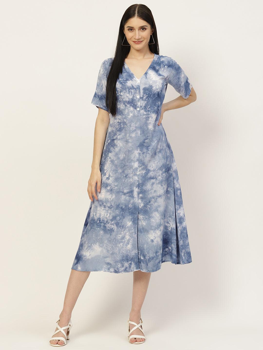 Womens Blue Tie And Dye Dress Regular Dress from Maaesa Creations -MADR48 - moher.in