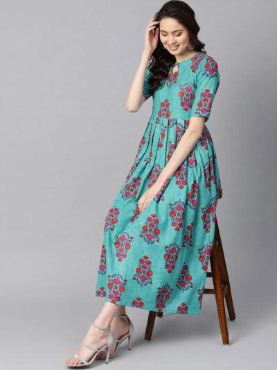 Womens Turquoise Flared Dress from Aasi - House Of Nayo_ NYDR1067