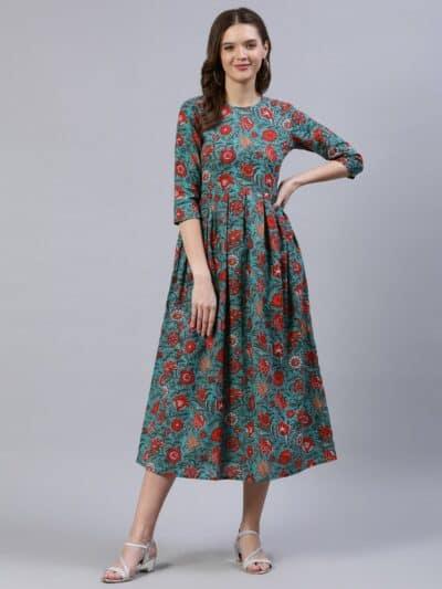 Womens Turquoise Flared Dress from Aasi - House Of Nayo_ NYDR1202