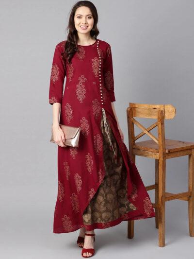 Womens Maroon A-Line Kurti Set from Aasi - House Of Nayo_ NYKS1065