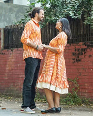 Cotton Orange Blossom Frill Ikat Couple Set Combo - moher.in