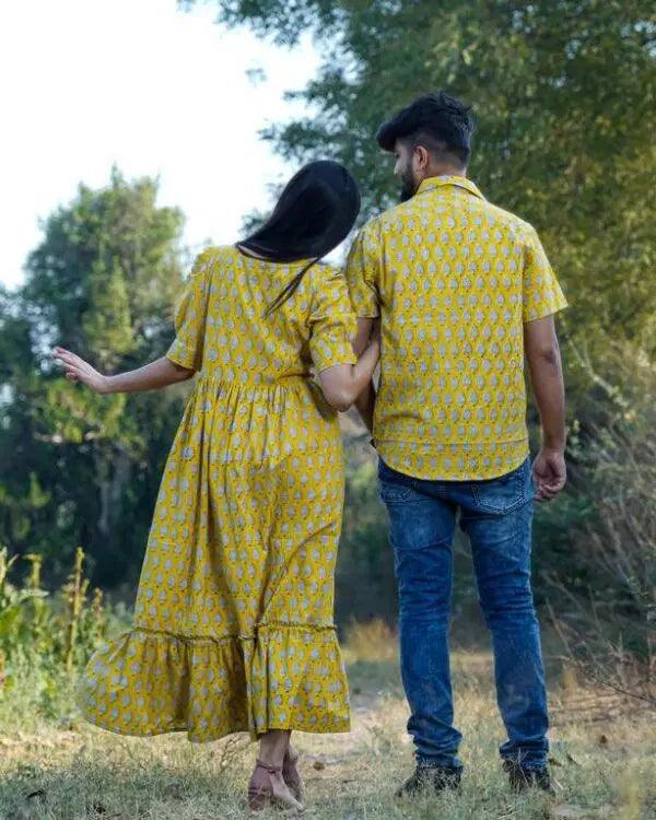 Cotton  Leafing Yellow Couple Set  Combo - moher.in