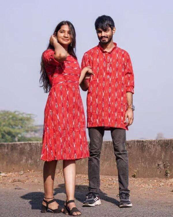 Cotton Red Shift Ikat Couple Set Combo - moher.in